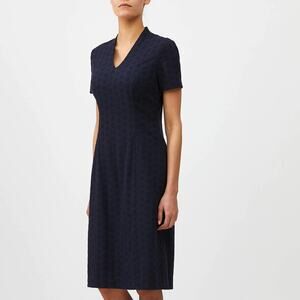 J. Peterman Eyelet Sheath Dress Navy Blue Knee Length Womens 12 Short Sleeve